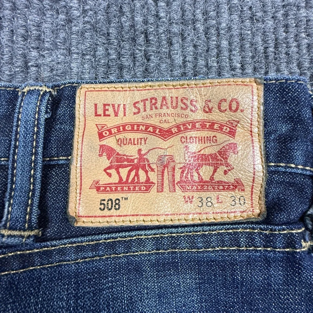 Levis 508 Regular Taper Jeans Mens 38x30 (Hemmed shorter) Dark‎ Wash Blue Denim